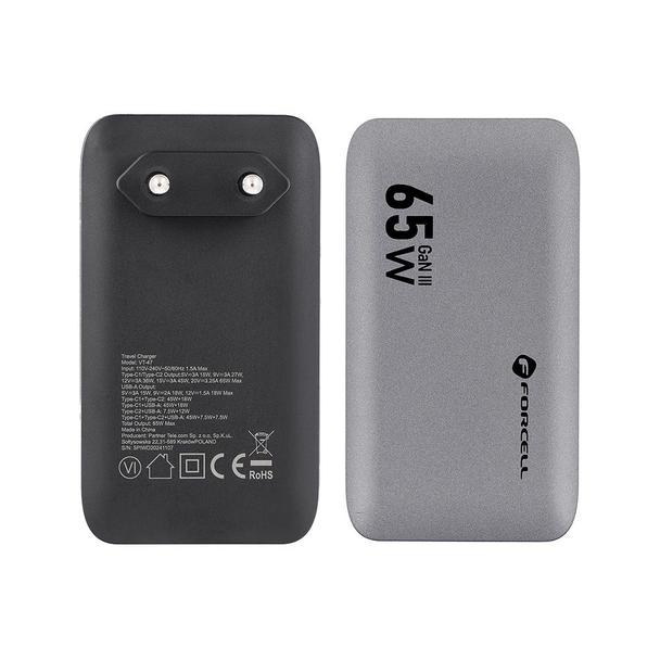 Ładowarka sieciowa do telefonu Forcell F-Energy Ultra Slim GaN III 2 x USB C + USB A QC4.0 PD 4A 65W VT-47 szara 0INT