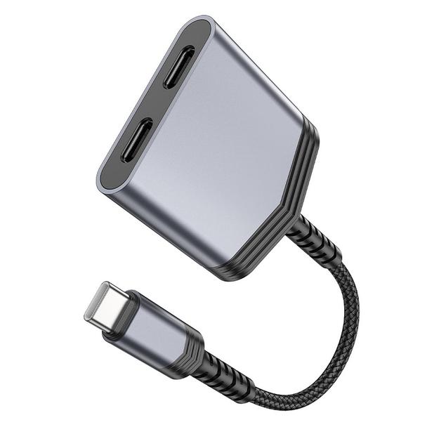 Adapter AUX 2w1 USB C do 2 x USB C Hoco 27W LS40 szary