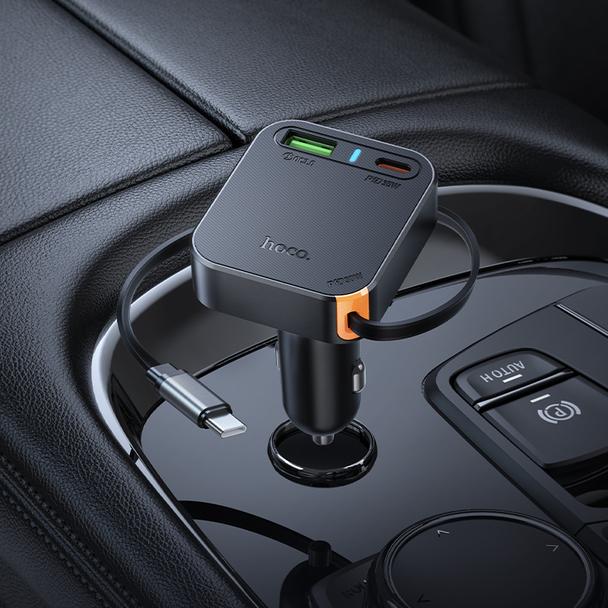Ładowarka samochodowa Hoco ze zwijanym kablem 2 x USB C + USB A QC PD 65W NZ18 czarna