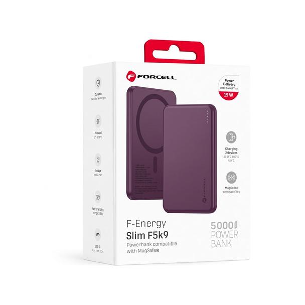 Powerbank zgodny z MagSafe Forcell F-Energy Slim F5K9 QC4.0 PD3.0 15W 5000 mAh burgundowy  0INT