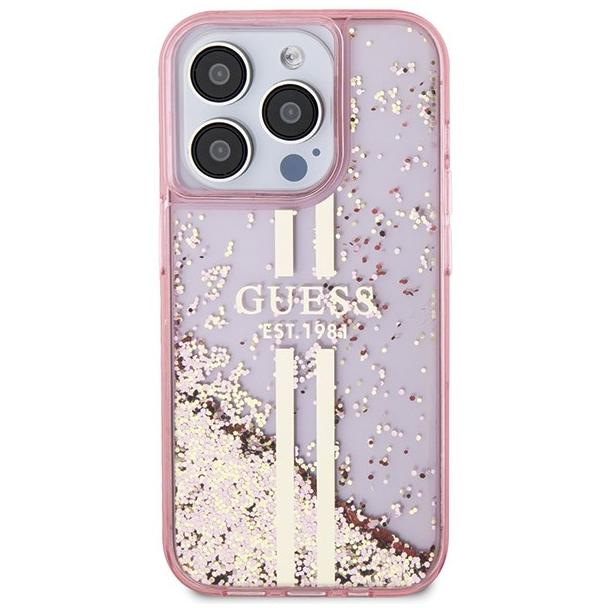 GUESS futerał do IPHONE 15 Pro GUHCP15LLFCSEGP (Liquid Glitter Gold Stripes) różowy