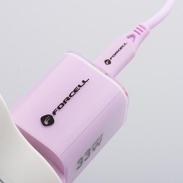 Ładowarka sieciowa do telefonu Forcell F-Energy GaN III Crystal Color USB C + USB A QC4.0 PD 33W + kabel USB C do USB C VT-41 fioletowa 0INT