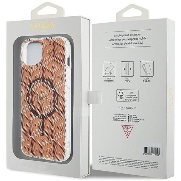 GUESS futerał do IPHONE 15 kompatybilny z MagSafe GUHMP15SHGCUSTGW (IML GCUBE) brązowy
