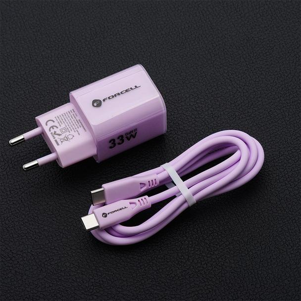 Ładowarka sieciowa do telefonu Forcell F-Energy GaN III Crystal Color USB C + USB A QC4.0 PD 33W + kabel USB C do USB C VT-41 fioletowa 0INT