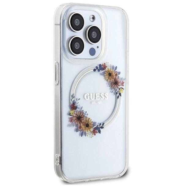 GUESS futerał do IPHONE 15 Pro Max kompatybilny z MagSafe GUHMP15XHFWFCT (Flowers Wreath) transparentny