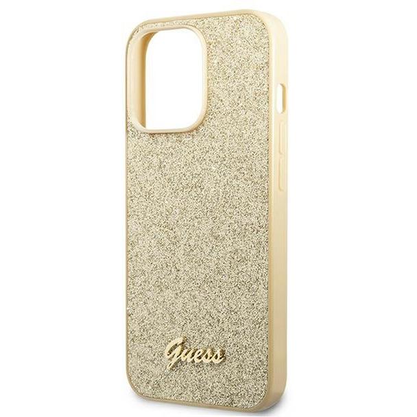 GUESS futerał do IPHONE 14 Pro Max GUHCP14XHGGSHD (Glitter Flakes Script Metal Logo) złoty