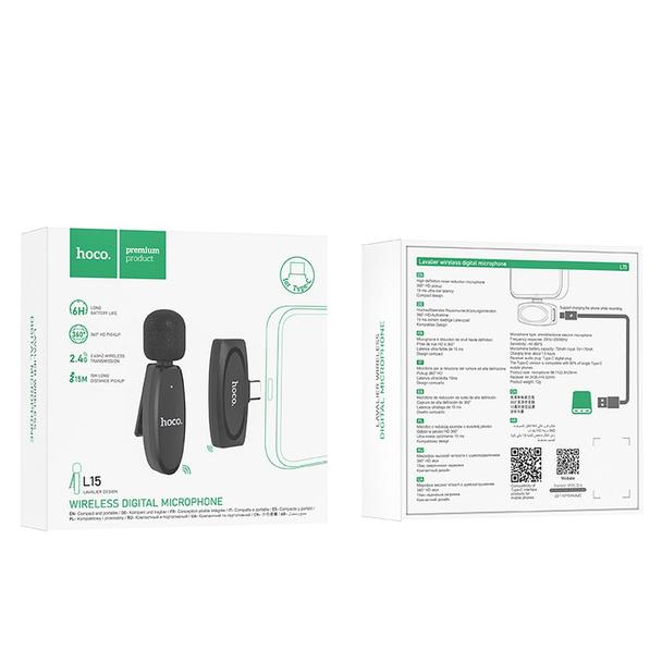 Mikrofon krawatowy bezprzewodowy USB C Hoco L15 czarny