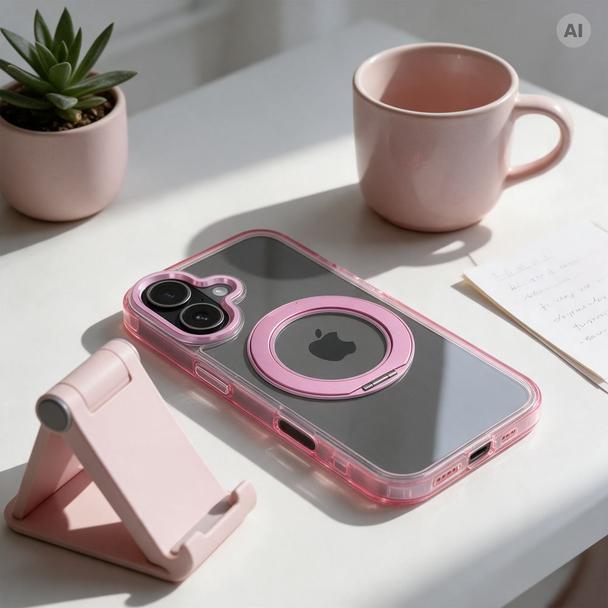 Etui na iPhone 15 PRO Frame Circle Stand zgodne z MagSafe różowe