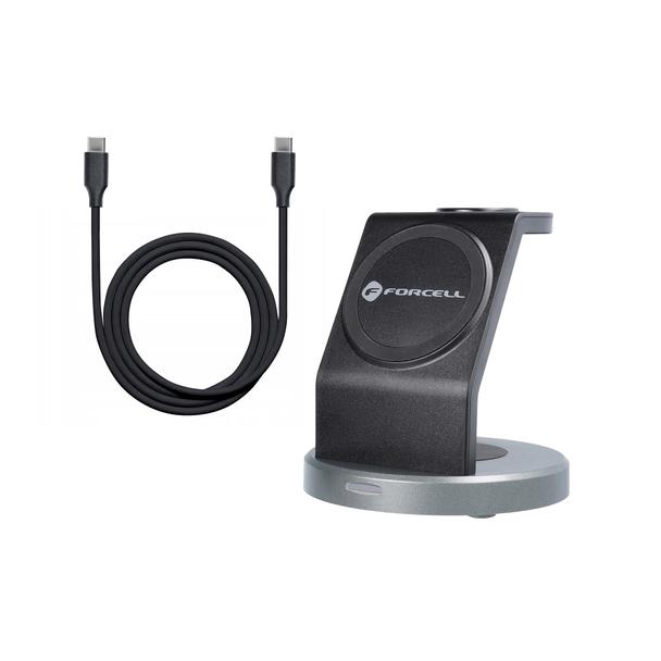 FORCELL ładowarka indukcyjna Qi 3w1 15W Solid Mag Charger kompatybilny z MagSafe czarna