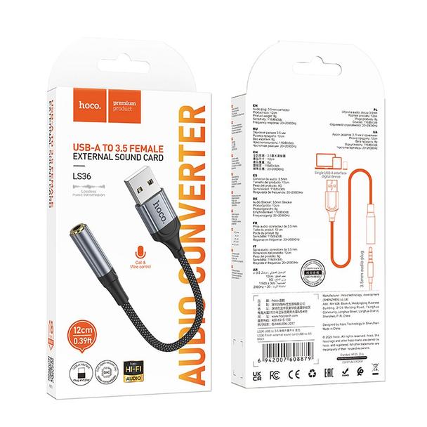 Adapter AUX USB A do Jack 3,5 mm Hoco 0,12 m LS36 czarny