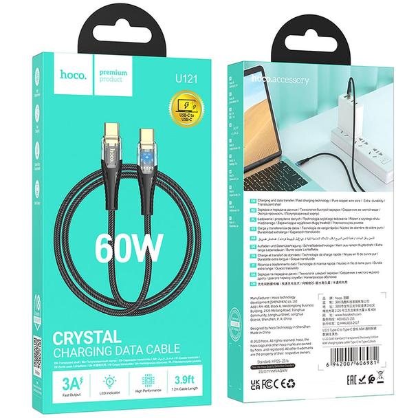 Kabel USB C do USB C Hoco 3A 60W 1,2 m U121 czarny