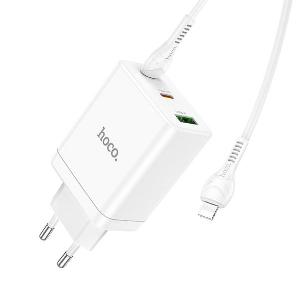 Ładowarka sieciowa do telefonu Hoco 2 x USB C + USB A QC3.0 PD 3A 35W + kabel USB C do Lightning N33 biała