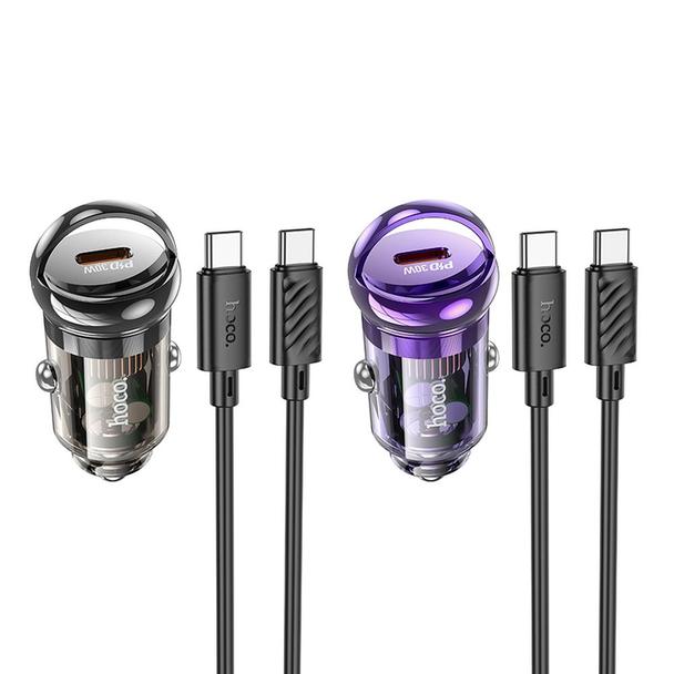 Ładowarka samochodowa Hoco USB C + kabel USB C do USB C QC3.0 PD 30W Z53 fioletowa