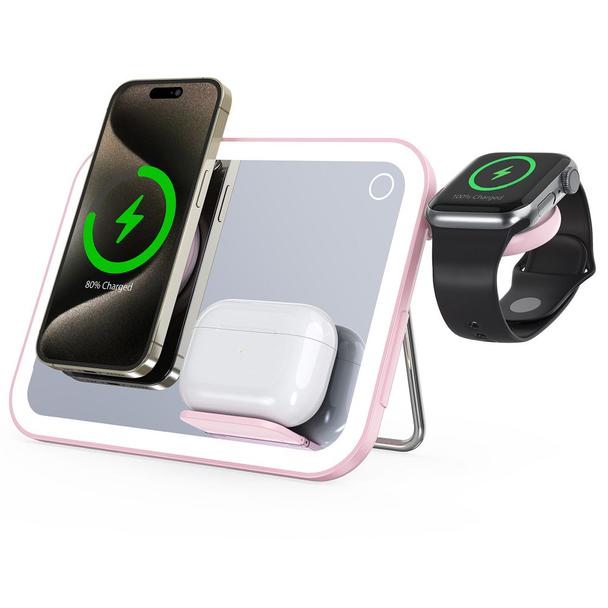 Forcell F-ENERGY Mag Mirror 3 in 1 15W ładowarka indukcyjna z kompatybilna z MagSafe / Apple Watch / Samsung Watch / Airpods różowa