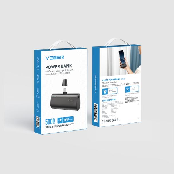 Powerbank Veger PlugOn (W0556/V0556) PD QC3.0 3A 20W 5000 mAh z wbudowanym złączem Typ C czarny