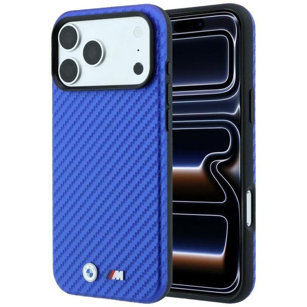BMW futerał do IPHONE 18 Pro/17 Pro kompatybilny z MagSafe (Carbon Metal Logo) niebieski