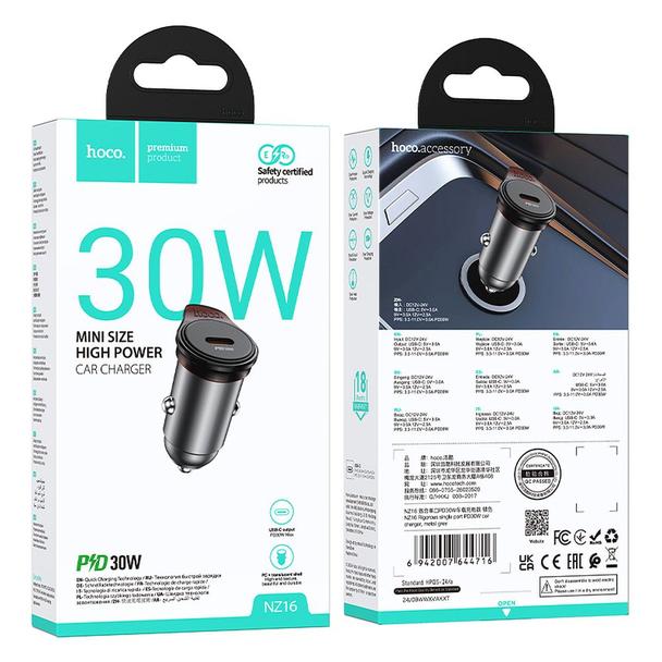 Ładowarka samochodowa Hoco USB C QC PD 30W NZ16 szara