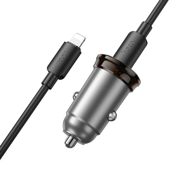 Ładowarka samochodowa Hoco USB A + USB C QC3.0 PD 3A 43W + kabel USB C do Lightning NZ16A szara