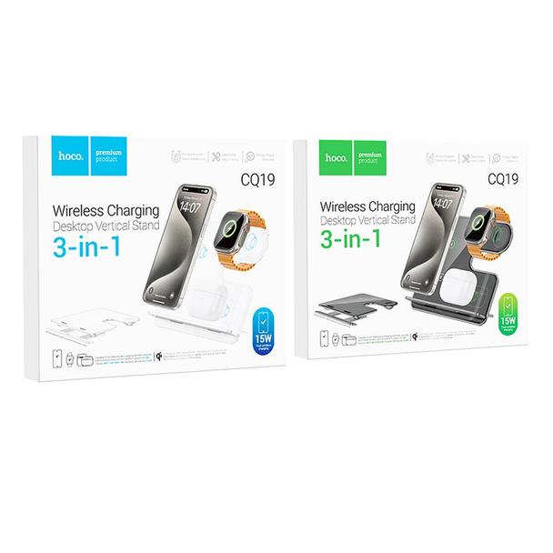 Ładowarka indukcyjna Hoco 3w1 15W zgodna z MagSafe i Apple Watch 15W CQ19 srebrna