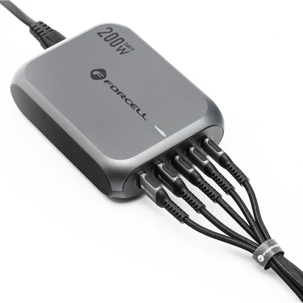 Ładowarka biurkowa Forcell F-Energy GaN III 3 x USB C + 2 x USB A QC4.0 PD 5A 200W VT-51 szara