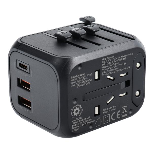 Ładowarka podróżna / adapter OL-309-PQ20 CAŁY ŚWIAT czarna