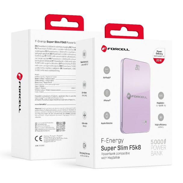 Powerbank zgodny z MagSafe Forcell F-Energy SuperSlim F5K8 QC4.0 PD3.0 15W 5000 mAh fioletowy 0INT