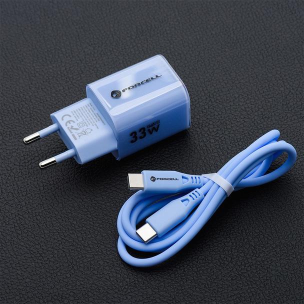 Ładowarka sieciowa do telefonu Forcell F-Energy GaN III Crystal Color USB C + USB A QC4.0 PD 33W + kabel USB C do USB C VT-41 niebieska 0INT