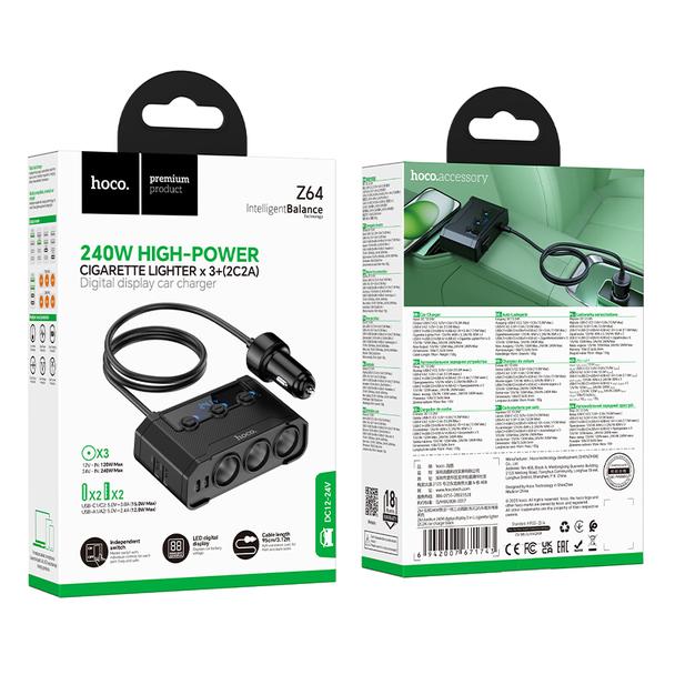 Ładowarka samochodowa Hoco z rozdzielaczem 2xUSB A + 2xUSB C + 3 port zapalniczki QC3.0 PD 240W Z64 czarna