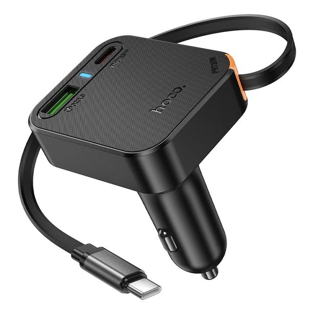 Ładowarka samochodowa Hoco ze zwijanym kablem 2 x USB C + USB A QC PD 65W NZ18 czarna