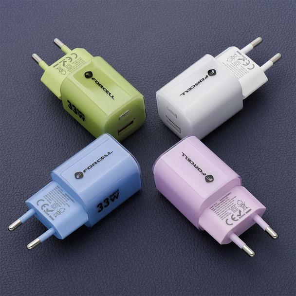 Ładowarka sieciowa do telefonu Forcell F-Energy GaN III Crystal Color USB C + USB A QC4.0 PD 33W + kabel USB C do USB C VT-41 niebieska 0INT