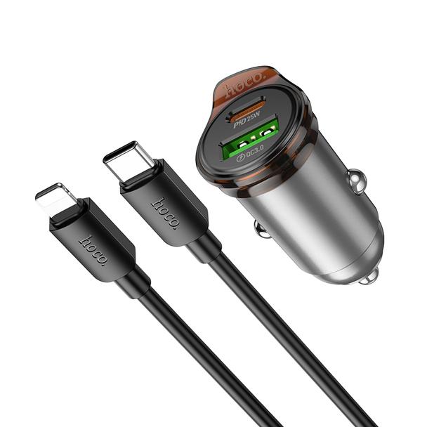 Ładowarka samochodowa Hoco USB A + USB C QC3.0 PD 3A 43W + kabel USB C do Lightning NZ16A szara