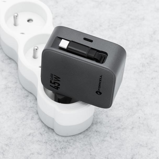 Ładowarka sieciowa do telefonu Forcell F-Energy GaN USB C + zwijany kabel USB C PD QC4.0 3A 45W VT-R5 szara