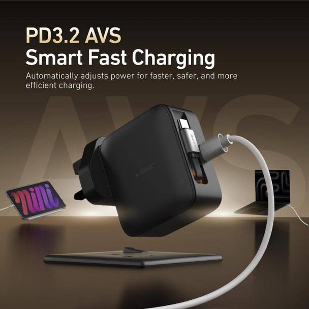 Ładowarka sieciowa X-ONE ChargeGo GaN 65W ze zwijanym kablem USB C i portem typ C - czarna