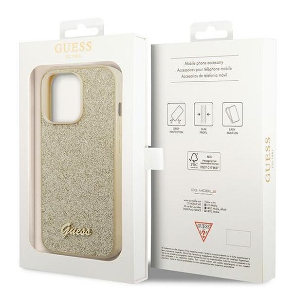 GUESS futerał do IPHONE 14 Pro Max GUHCP14XHGGSHD (Glitter Flakes Script Metal Logo) złoty