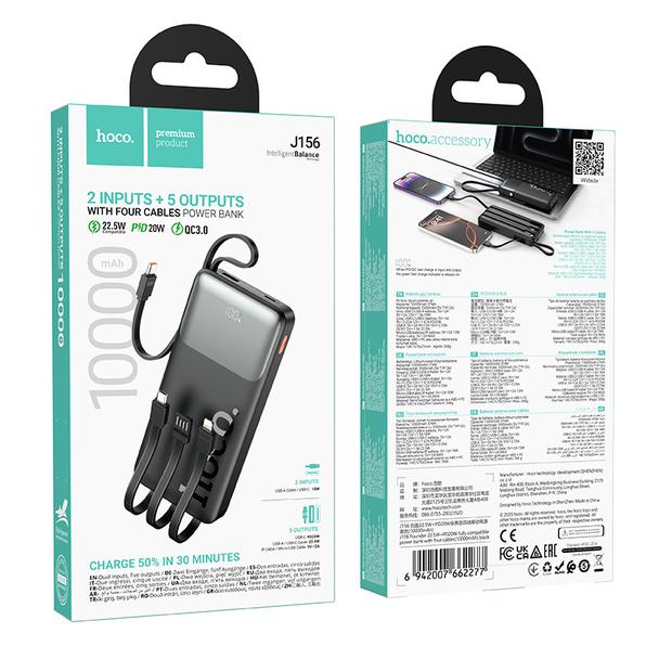 Powerbank 10000 mAh QC PD 2A 22,5W z wbudowanymi kablami USB A + USB C + Lightning + Micro USB Hoco J156 czarny