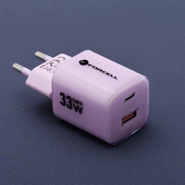 Ładowarka sieciowa do telefonu Forcell F-Energy GaN III Crystal Color USB C + USB A QC4.0 PD 33W + kabel USB C do USB C VT-41 fioletowa 0INT
