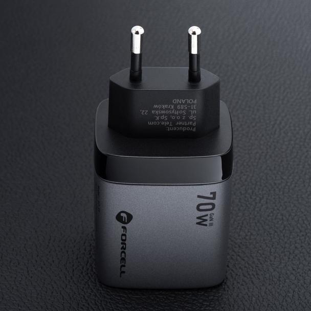 Ładowarka sieciowa do telefonu Forcell F-Energy GaN III 2 x USB C + USB A QC4.0 3,45A PD 70W SAM SFC2.0 z wyświetlaczem LCD VT-37 szara