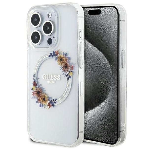 GUESS futerał do IPHONE 15 Pro Max kompatybilny z MagSafe GUHMP15XHFWFCT (Flowers Wreath) transparentny