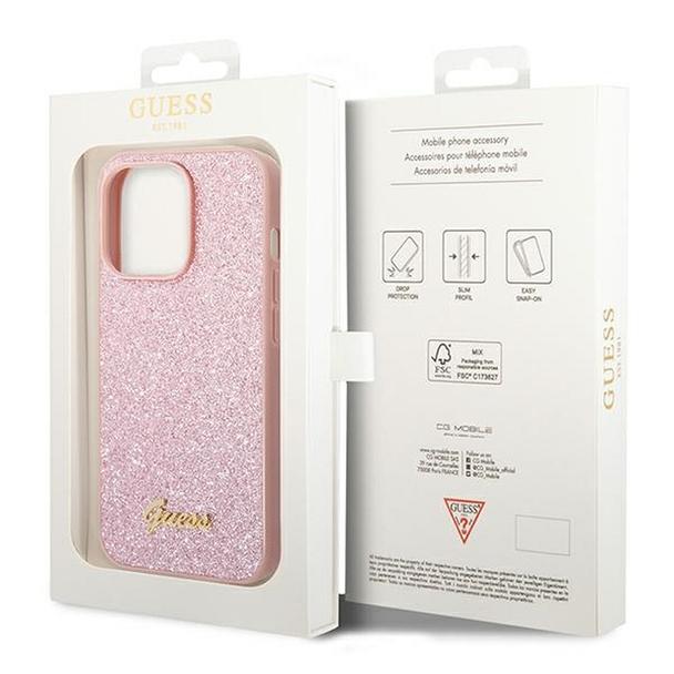 GUESS futerał do IPHONE 14 Pro Max GUHCP14XHGGSHP (Glitter Flakes Script Metal Logo) różowy