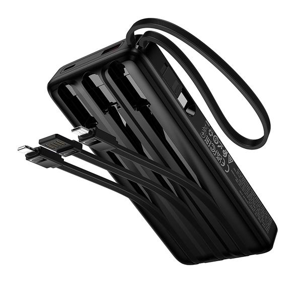 Powerbank 10000 mAh QC PD 2A 22,5W z wbudowanymi kablami USB A + USB C + Lightning + Micro USB Hoco J156 czarny