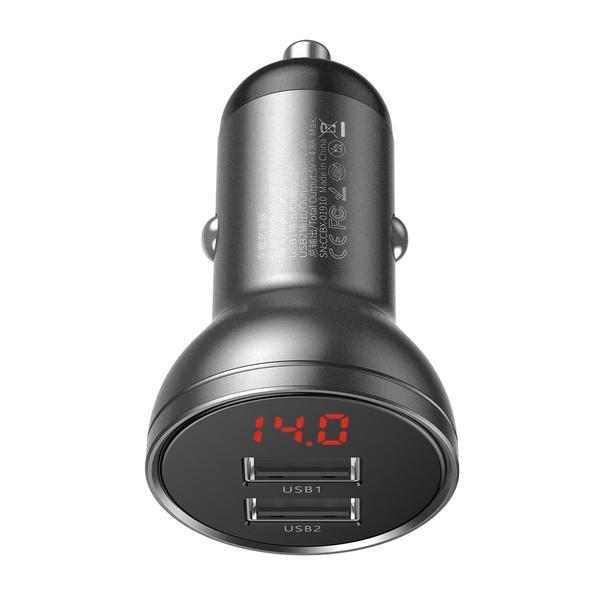 BASEUS ładowarka samochodowa 2 x USB A z wyświetlaczem 4,8A 24W CCBX-0G szara