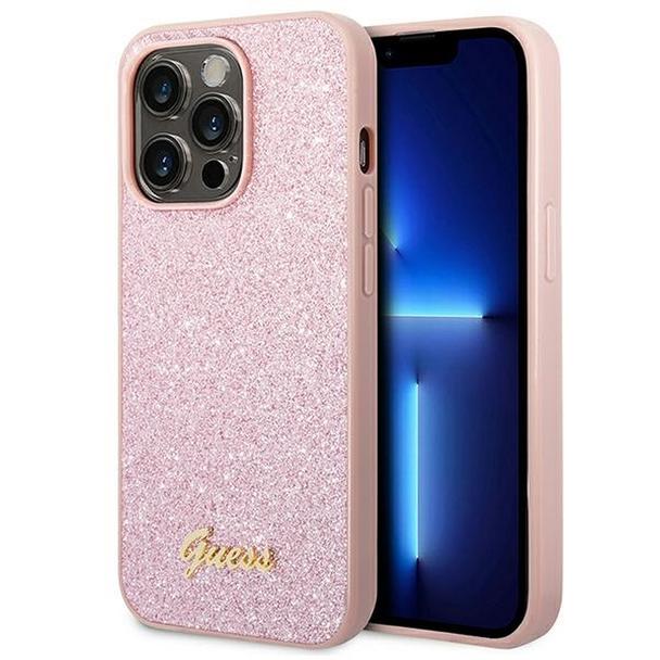 GUESS futerał do IPHONE 14 Pro GUHCP14LHGGSHP (Glitter Flakes Script Metal Logo) różowy
