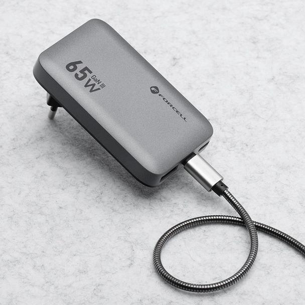 Ładowarka sieciowa do telefonu Forcell F-Energy Ultra Slim GaN III 2 x USB C + USB A QC4.0 PD 4A 65W VT-47 szara 0INT
