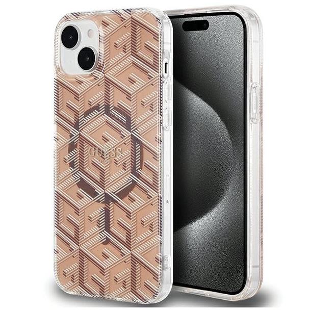 GUESS futerał do IPHONE 15 kompatybilny z MagSafe GUHMP15SHGCUSTGW (IML GCUBE) brązowy