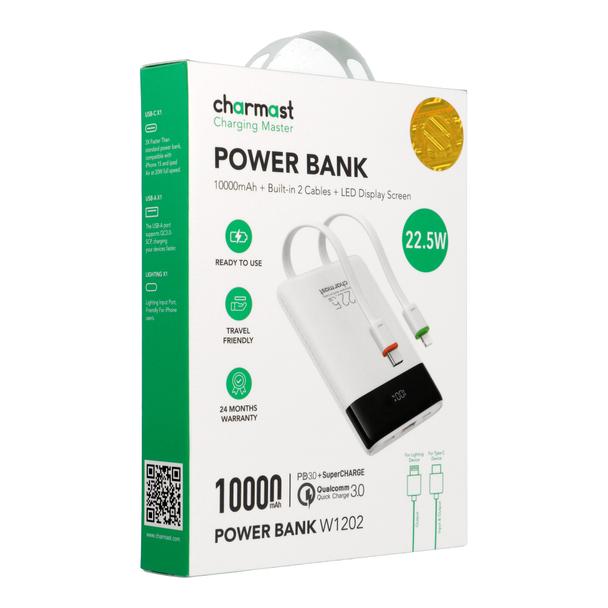Powerbank PD3.0 3A 22,5W 10000 mAh z wbudowanymi kablami USB C / Lightning Charmast W1202 biały 0INT