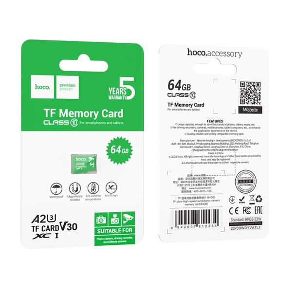 Karta pamięci microSD 64GB class 10 UH-1 U3 V3 A2 Hoco zielona