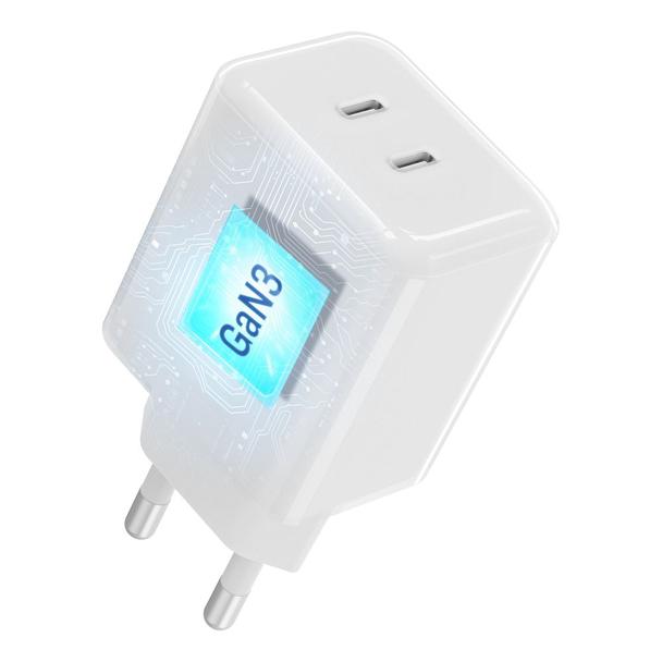 Ładowarka sieciowa do telefonu Forcell F-Energy GaN III Crystal Color 2x USB C AVS SSFC3.0 60W + kabel USB C do USB C VT-60 biała 0INT