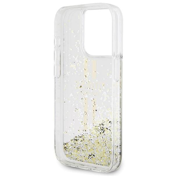 GUESS futerał do IPHONE 15 Pro GUHCP15LLFCSEGT (Liquid Glitter Gold Stripes) transparentny