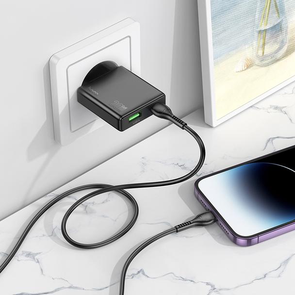 Ładowarka sieciowa do telefonu Hoco Slim USB A + USB C QC3.0 PD 3A 20W + kabel USB C do Lightning N38 czarna