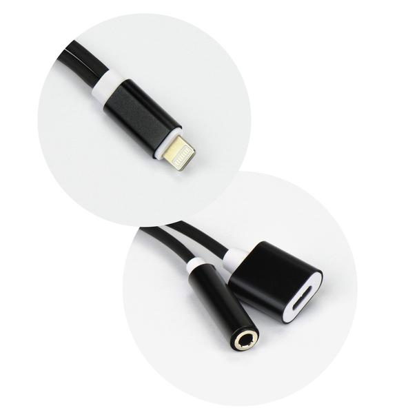 Adapter AUX 2w1 Lightning (męski) do Lightning (żeński) / Jack 3,5 mm (żeński) czarny